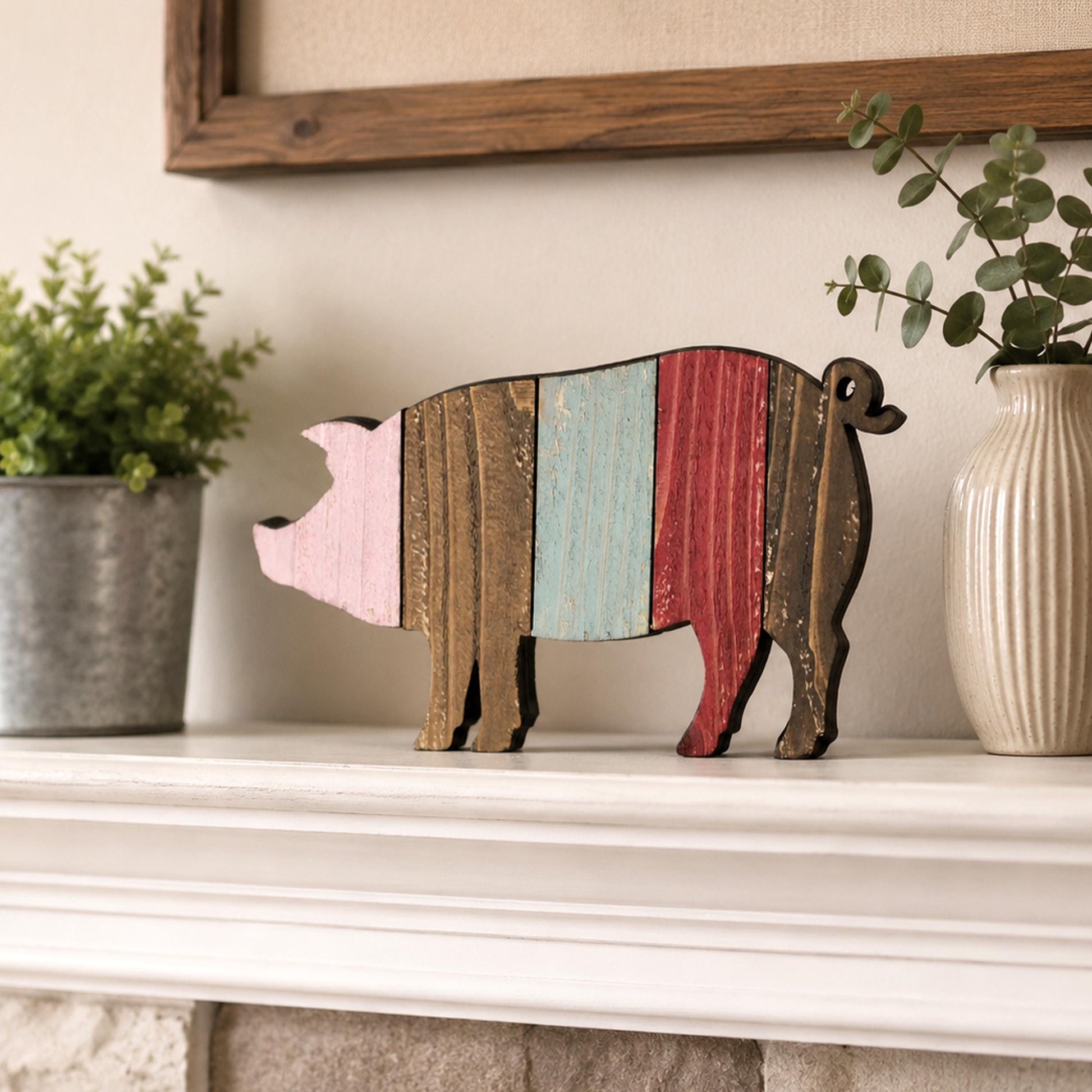 Rustic Farmhouse Pig Shelf Sitter, Pastel Striped Wood Cutout, Country Barnyard Tabletop Decor, Small Animal Figurine, Homestead Keepsake