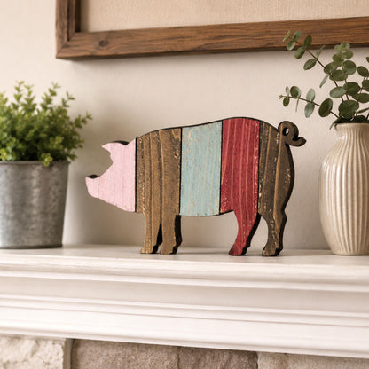 Rustic Farmhouse Pig Shelf Sitter, Pastel Striped Wood Cutout, Country Barnyard Tabletop Decor, Small Animal Figurine, Homestead Keepsake