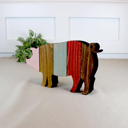 Rustic Farmhouse Pig Shelf Sitter, Pastel Striped Wood Cutout, Country Barnyard Tabletop Decor, Small Animal Figurine, Homestead Keepsake