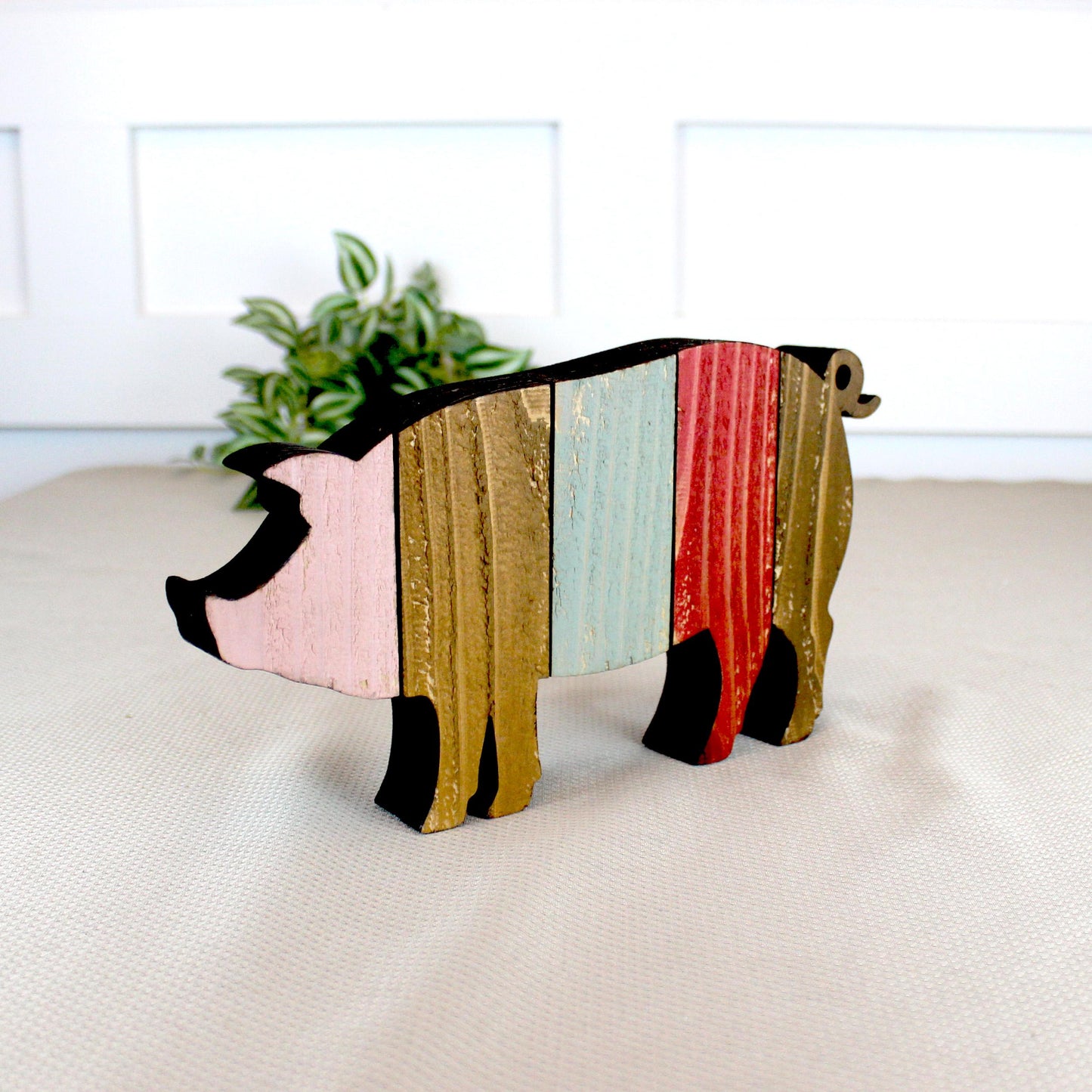 Rustic Farmhouse Pig Shelf Sitter, Pastel Striped Wood Cutout, Country Barnyard Tabletop Decor, Small Animal Figurine, Homestead Keepsake