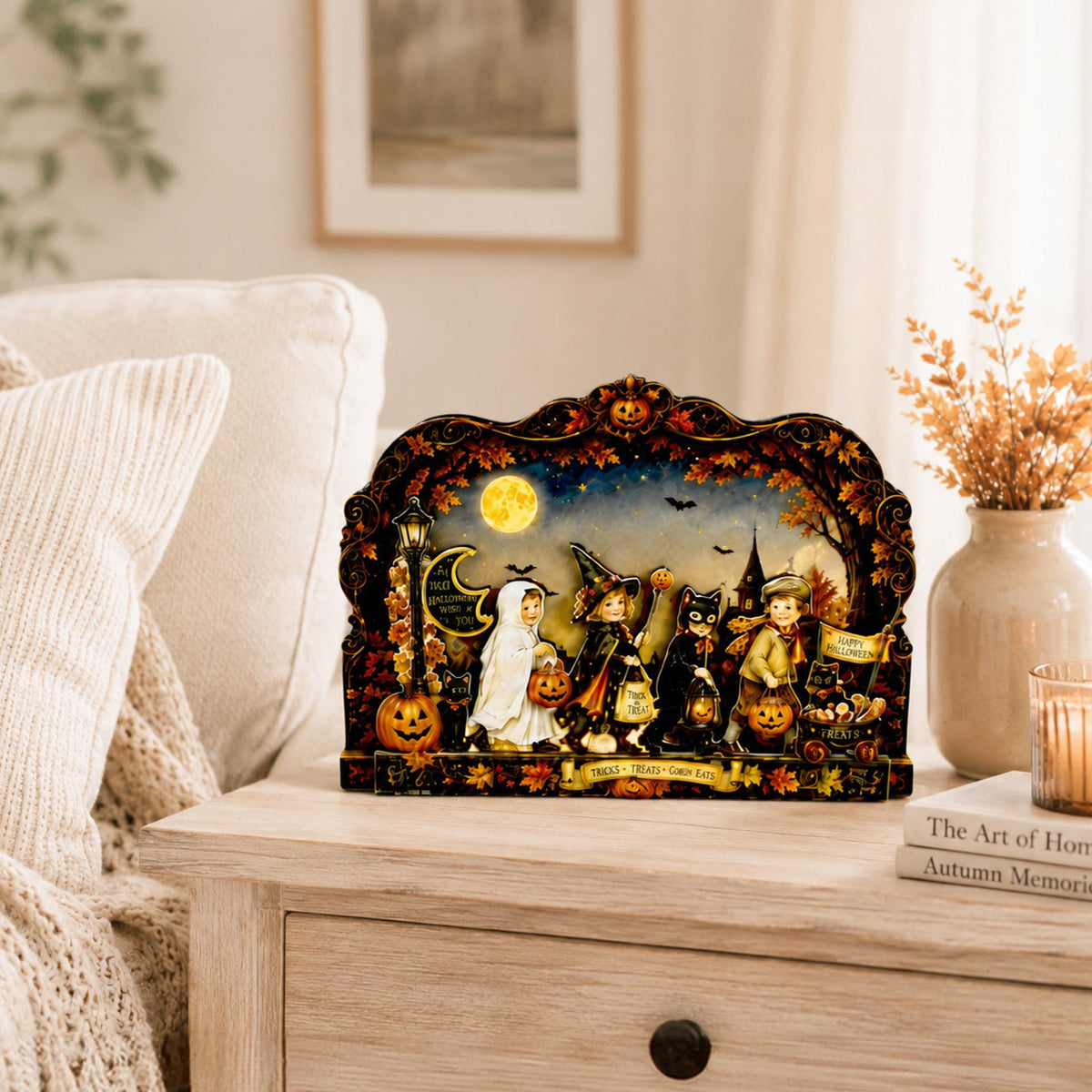 Vintage Halloween Shelf Sitter Perfect for Entryway or Window Sill, Trick Or Treat Autumn Keepsake, Spooky Pumpkin Table Accent, 2 Layers