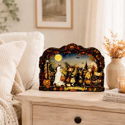 Vintage Halloween Shelf Sitter Perfect for Entryway or Window Sill, Trick Or Treat Autumn Keepsake, Spooky Pumpkin Table Accent, 2 Layers