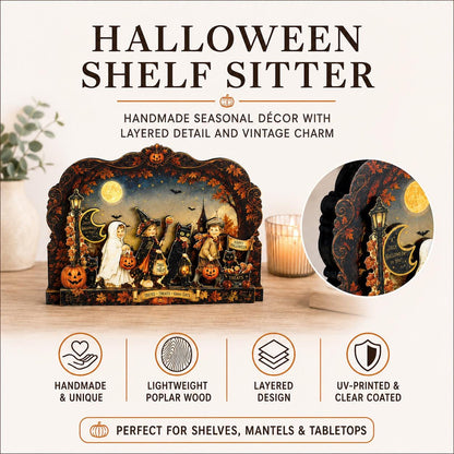 Vintage Halloween Shelf Sitter Perfect for Entryway or Window Sill, Trick Or Treat Autumn Keepsake, Spooky Pumpkin Table Accent, 2 Layers