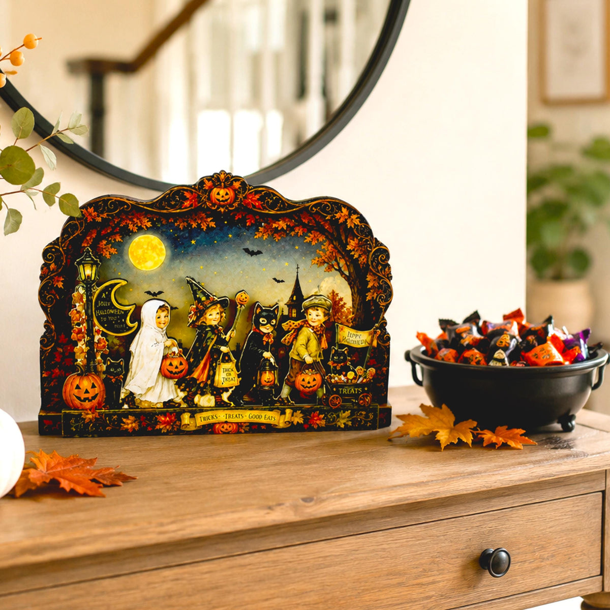 Vintage Halloween Shelf Sitter Perfect for Entryway or Window Sill, Trick Or Treat Autumn Keepsake, Spooky Pumpkin Table Accent, 2 Layers