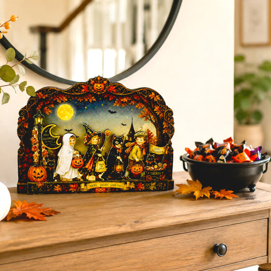 Vintage Halloween Shelf Sitter Perfect for Entryway or Window Sill, Trick Or Treat Autumn Keepsake, Spooky Pumpkin Table Accent, 2 Layers