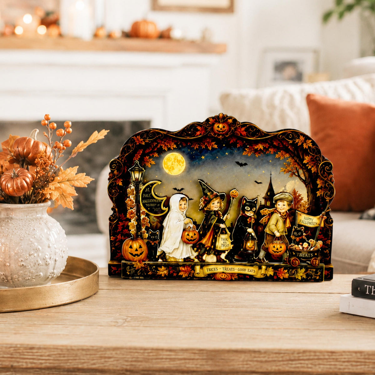 Vintage Halloween Shelf Sitter Perfect for Entryway or Window Sill, Trick Or Treat Autumn Keepsake, Spooky Pumpkin Table Accent, 2 Layers