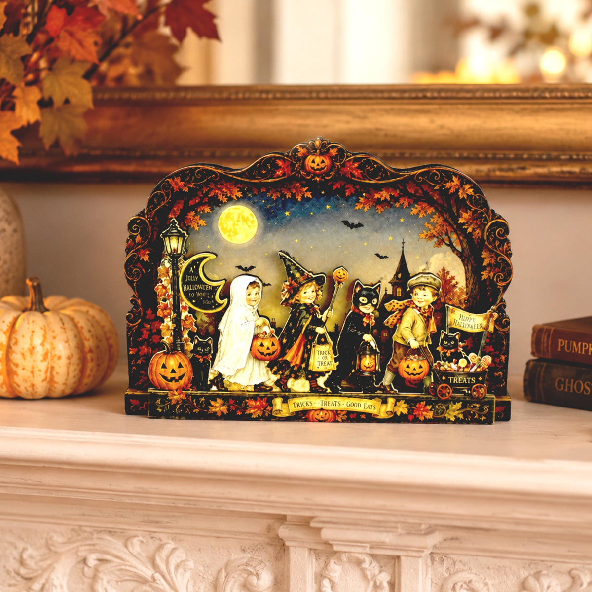Vintage Halloween Shelf Sitter Perfect for Entryway or Window Sill, Trick Or Treat Autumn Keepsake, Spooky Pumpkin Table Accent, 2 Layers