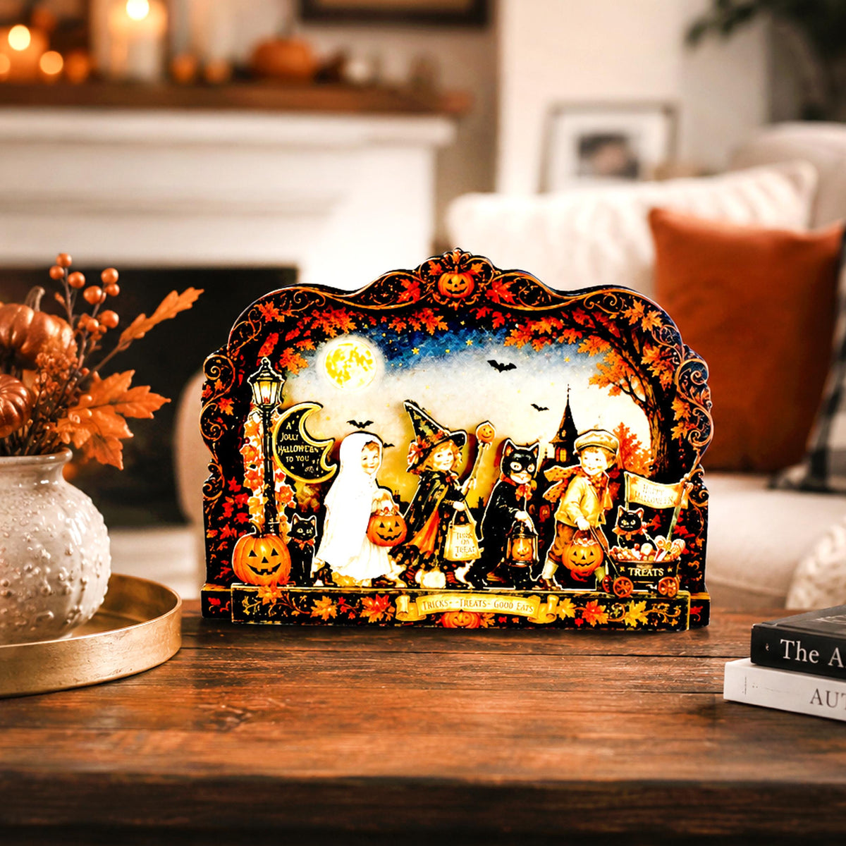 Vintage Halloween Shelf Sitter Perfect for Entryway or Window Sill, Trick Or Treat Autumn Keepsake, Spooky Pumpkin Table Accent, 2 Layers