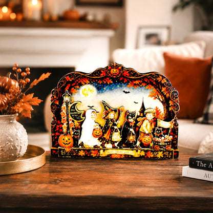 Vintage Halloween Shelf Sitter Perfect for Entryway or Window Sill, Trick Or Treat Autumn Keepsake, Spooky Pumpkin Table Accent, 2 Layers