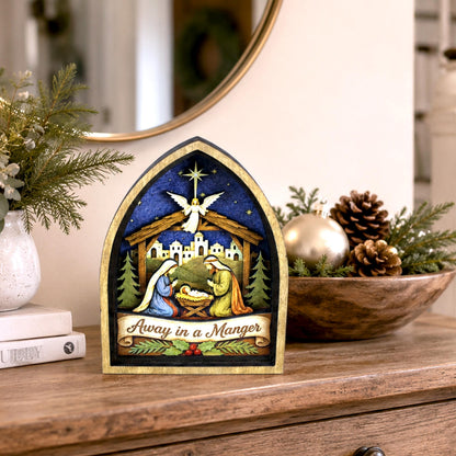 Rustic Nativity Scene Christmas Shelf Sitter, Holy Family Manger Keepsake, Bethlehem Wooden Table Decor, Christian Faith Holiday, 6 Layers