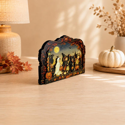 Vintage Halloween Shelf Sitter Perfect for Entryway or Window Sill, Trick Or Treat Autumn Keepsake, Spooky Pumpkin Table Accent, 2 Layers