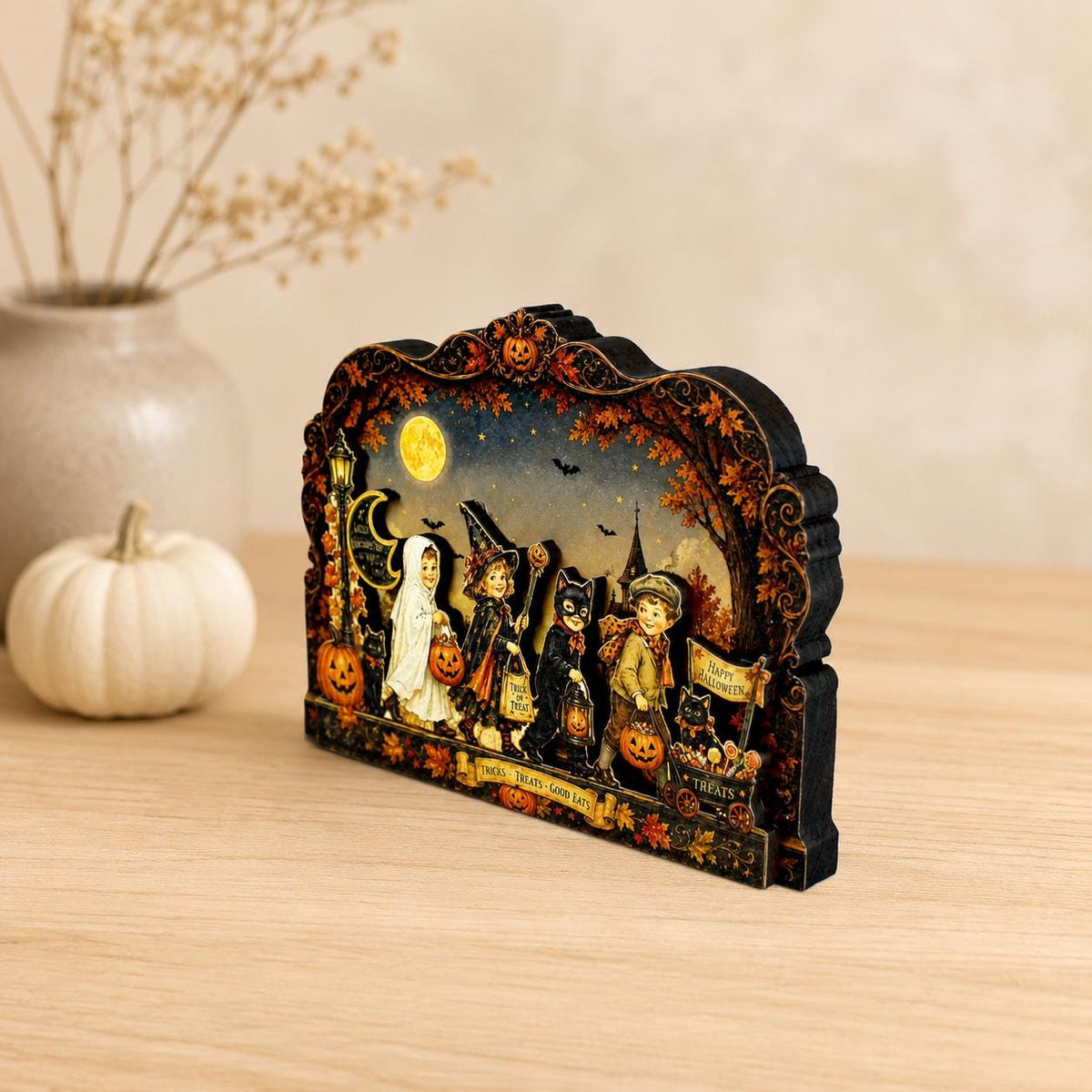 Vintage Halloween Shelf Sitter Perfect for Entryway or Window Sill, Trick Or Treat Autumn Keepsake, Spooky Pumpkin Table Accent, 2 Layers