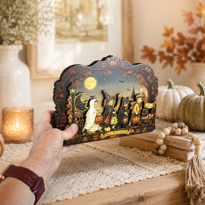 Vintage Halloween Shelf Sitter Perfect for Entryway or Window Sill, Trick Or Treat Autumn Keepsake, Spooky Pumpkin Table Accent, 2 Layers