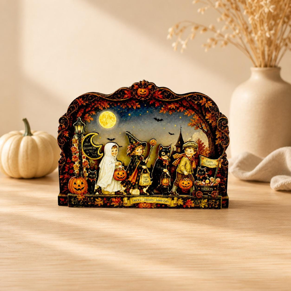 Vintage Halloween Shelf Sitter Perfect for Entryway or Window Sill, Trick Or Treat Autumn Keepsake, Spooky Pumpkin Table Accent, 2 Layers