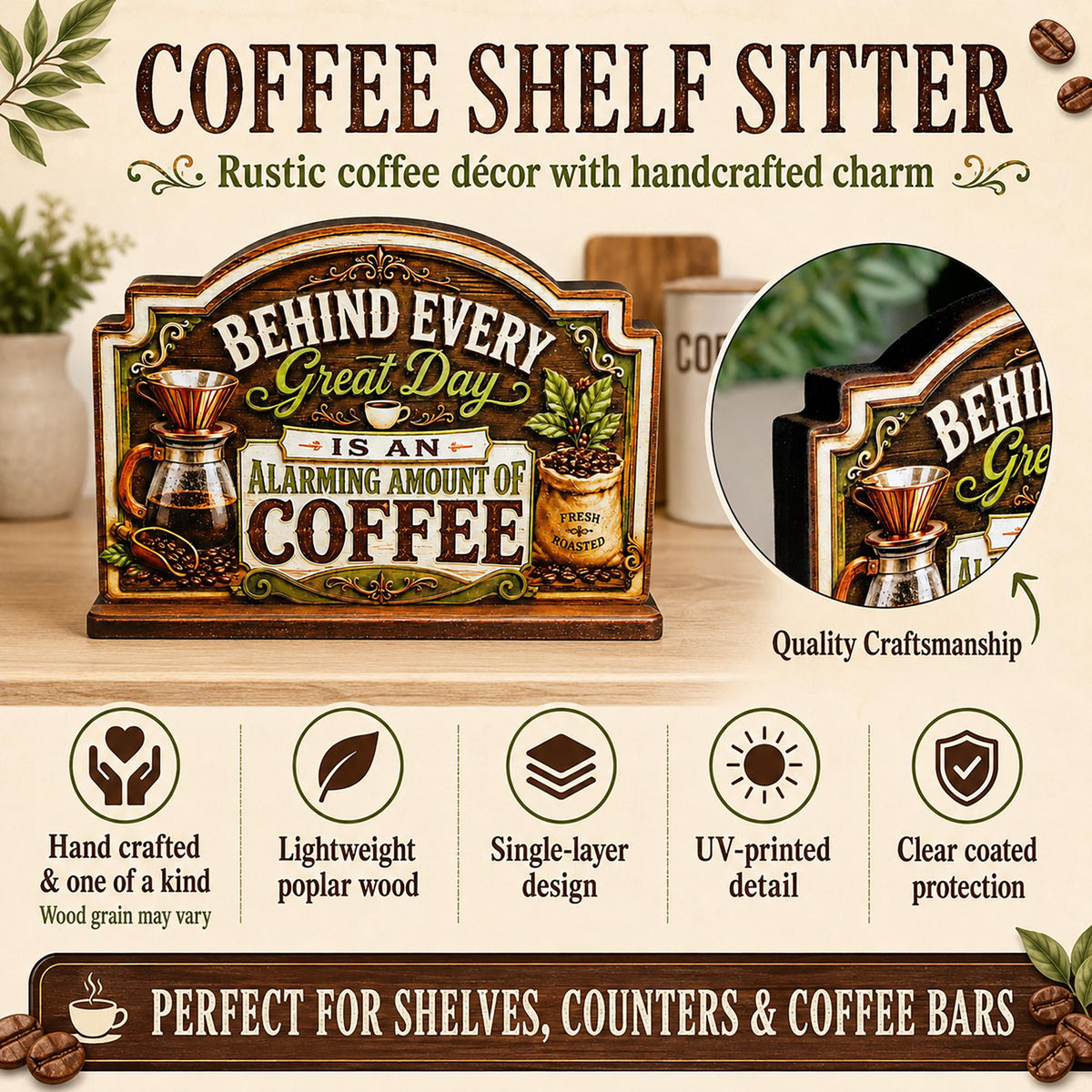 Rustic Coffee Bar Shelf Sitter Perfect for Kitchen Counter or Coffee Bar, Funny Kitchen Counter Sign, Farmhouse Espresso Station Decor