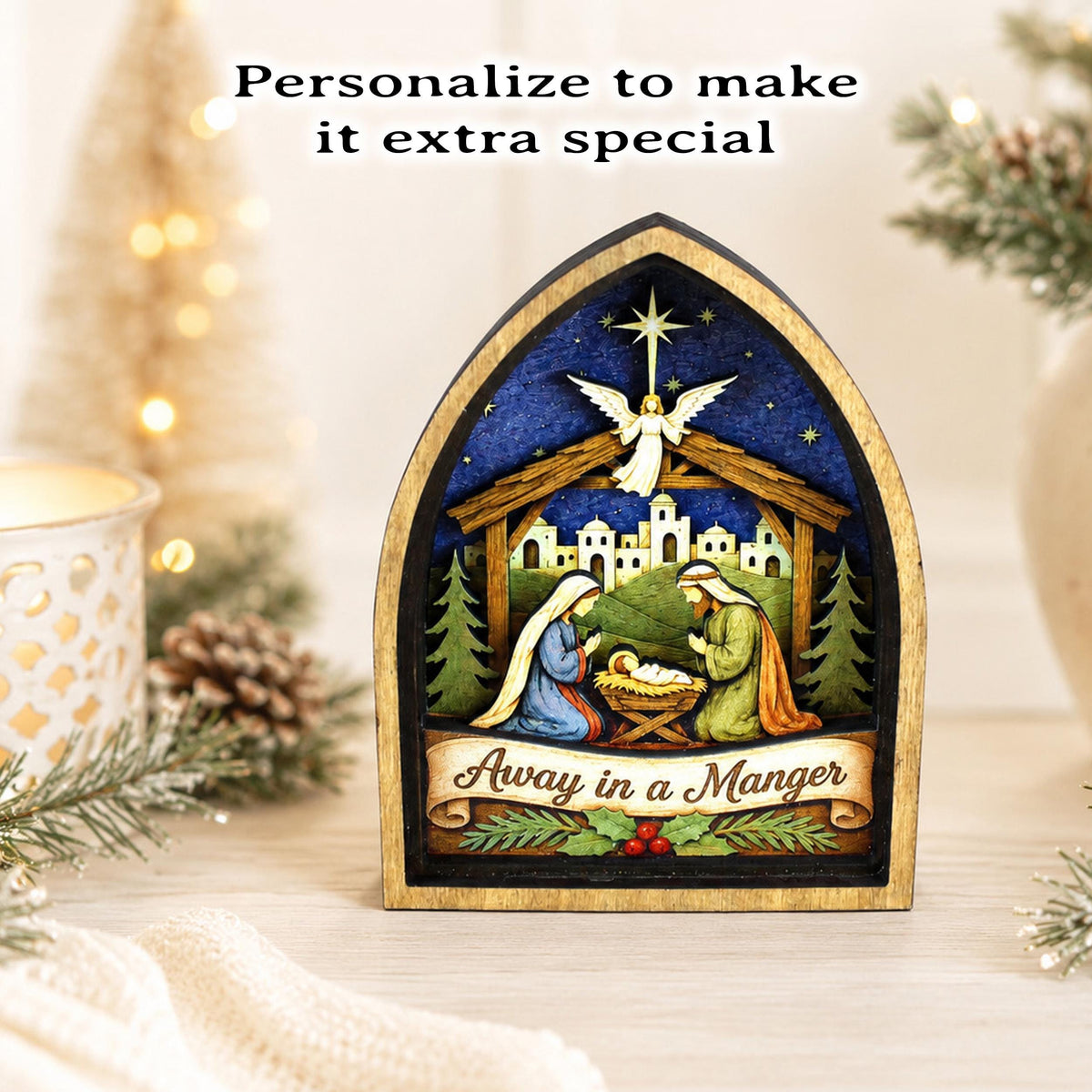 Rustic Nativity Scene Christmas Shelf Sitter, Holy Family Manger Keepsake, Bethlehem Wooden Table Decor, Christian Faith Holiday, 6 Layers