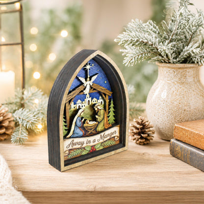 Rustic Nativity Scene Christmas Shelf Sitter, Holy Family Manger Keepsake, Bethlehem Wooden Table Decor, Christian Faith Holiday, 6 Layers