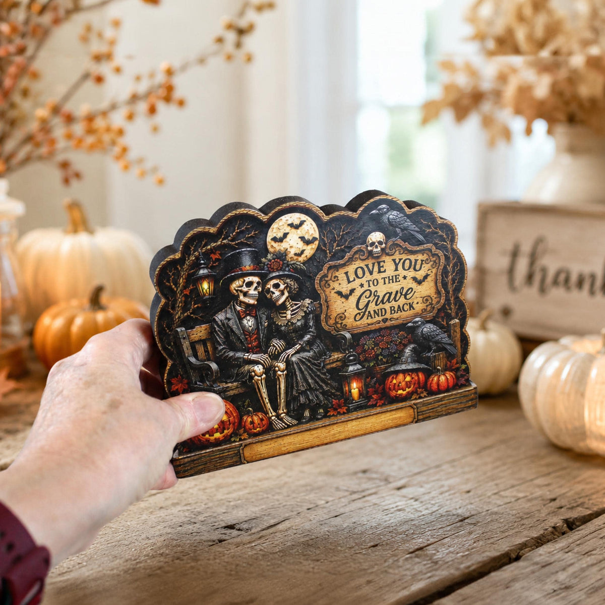 Vintage Gothic Halloween Shelf Sitter Perfect for Entryway or Window Sill, Trick Or Treat Autumn Keepsake, Spooky Pumpkin Table Accent, 2