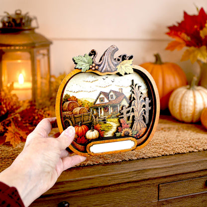 Personalized Pumpkin Fall Decor, Custom Family Name Autumn Shelf Sitter, Layered Wood Farmhouse Decor, Thanksgiving Table Accent