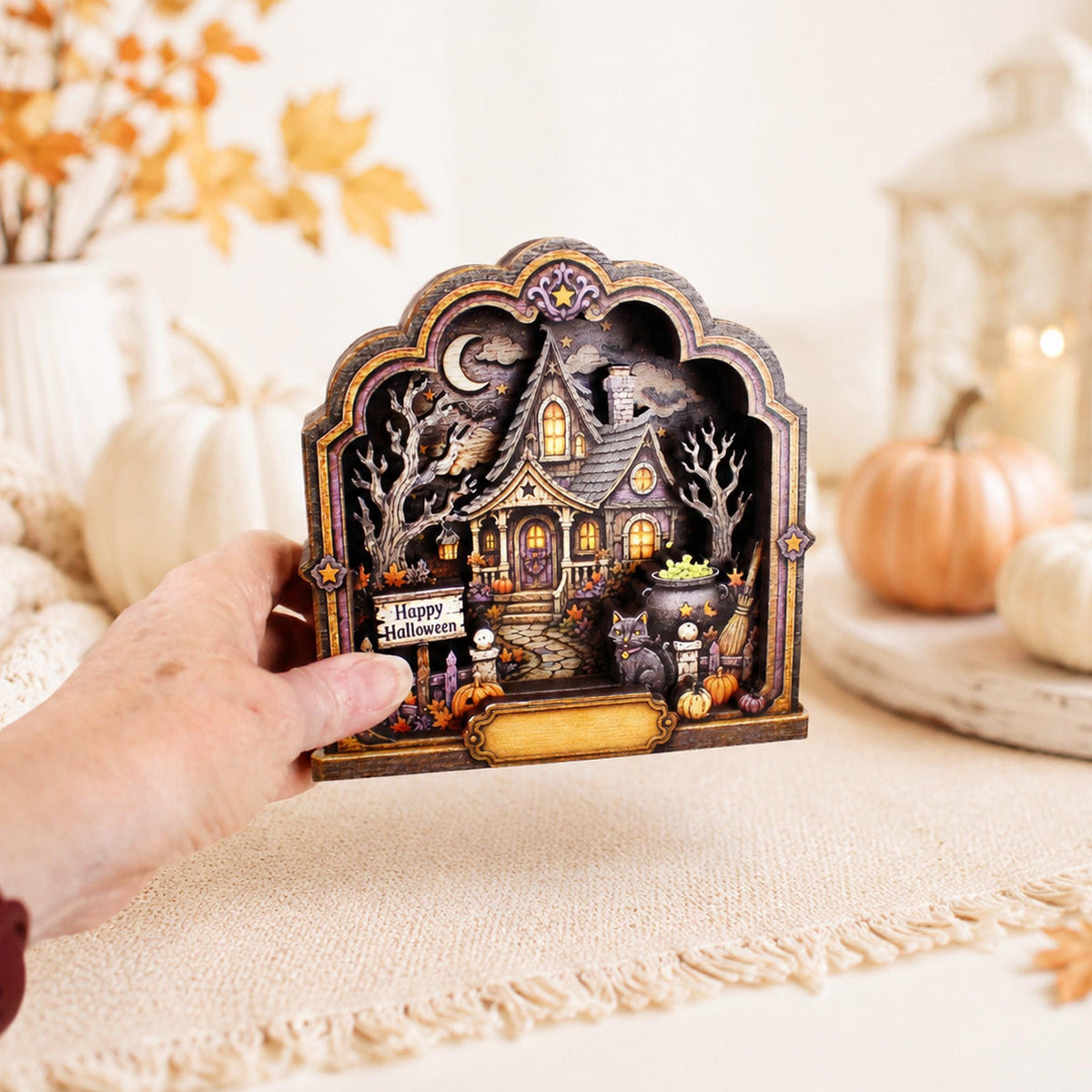 Haunted House Halloween Decoration, Personalized Layered Wood Tabletop Spooky Decor, Whimsical Accent for Mantel, Shelf or Entryway