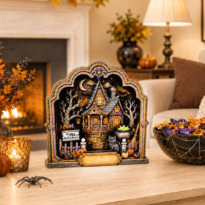 Haunted House Halloween Decoration, Personalized Layered Wood Tabletop Spooky Decor, Whimsical Accent for Mantel, Shelf or Entryway