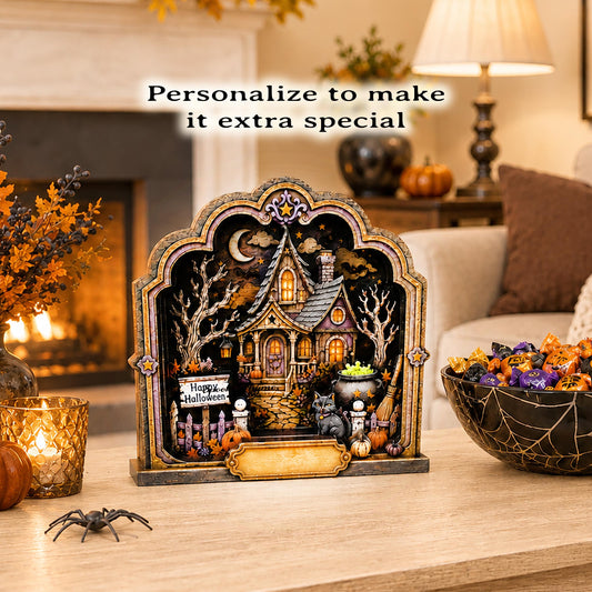 Haunted House Halloween Decoration, Personalized Layered Wood Tabletop Spooky Decor, Whimsical Accent for Mantel, Shelf or Entryway
