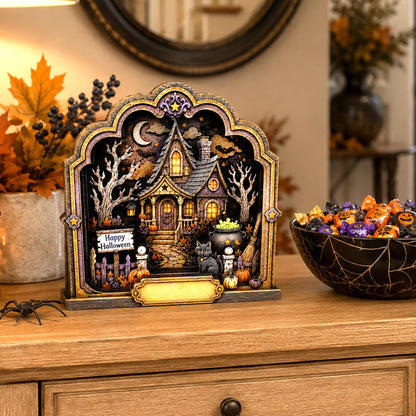 Haunted House Halloween Decoration, Personalized Layered Wood Tabletop Spooky Decor, Whimsical Accent for Mantel, Shelf or Entryway