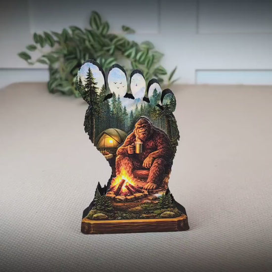 Personalized Multi-Layer Bigfoot Campfire Shelf Sitter – Sasquatch Cabin Decor – Custom Name, Wooden Bigfoot Mantel & Tiered Tray Decor