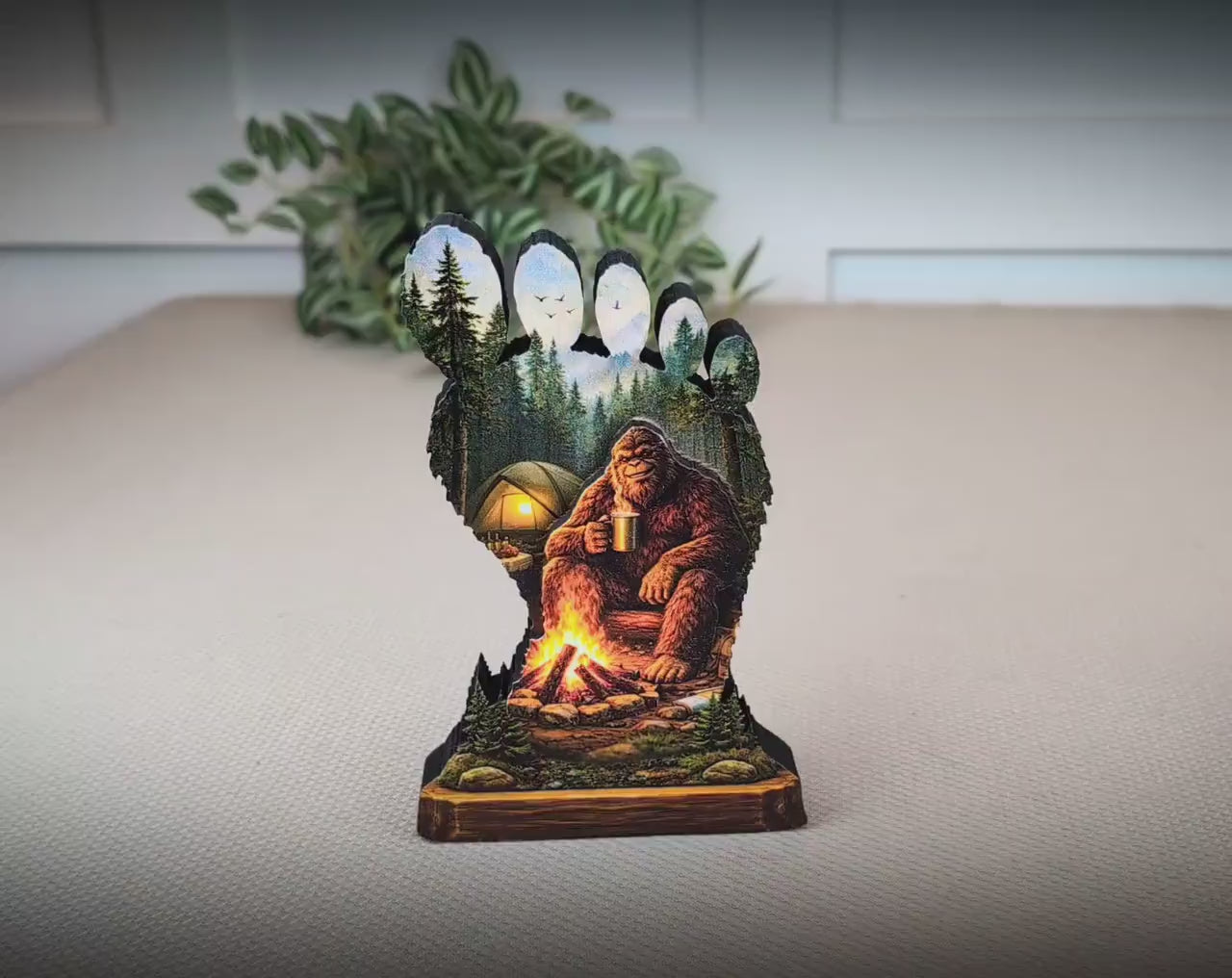 Personalized Multi-Layer Bigfoot Campfire Shelf Sitter – Sasquatch Cabin Decor – Custom Name, Wooden Bigfoot Mantel & Tiered Tray Decor