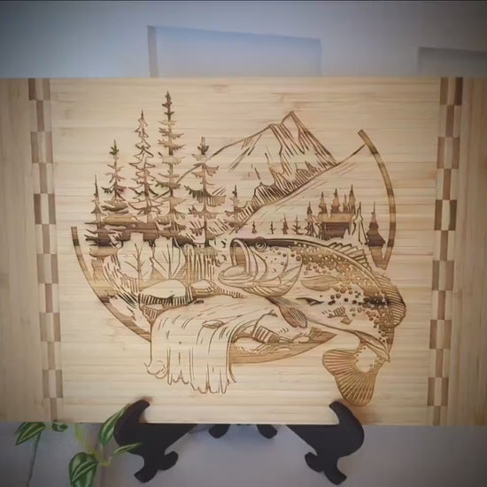 Mountain Fishing Design Decorate this Bamboo Cutting Board and can be Personalized, Environmentally Friendly Gifts and Wood Easel Include