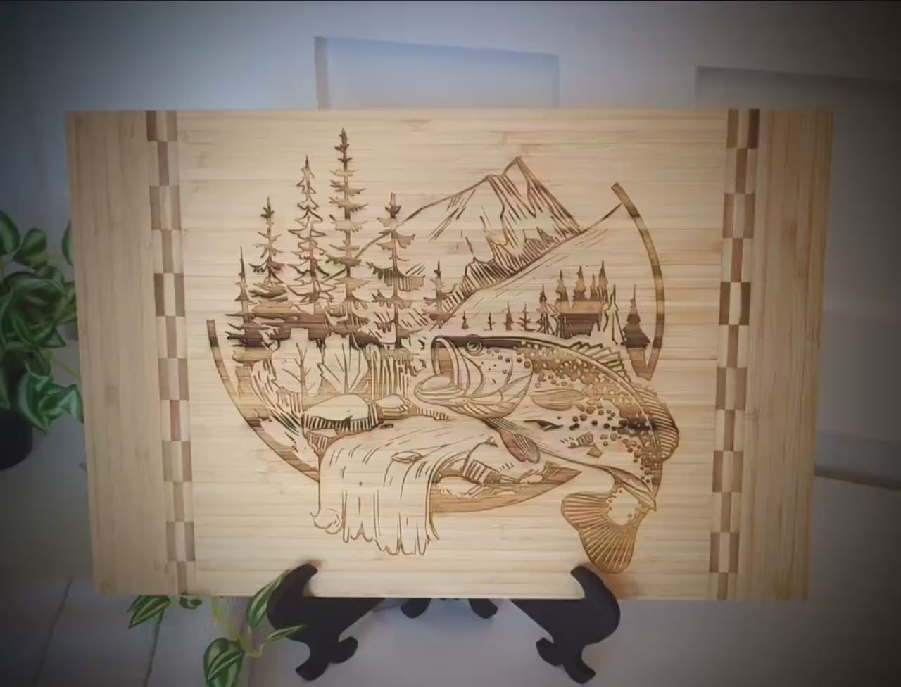 Mountain Fishing Design Decorate this Bamboo Cutting Board and can be Personalized, Environmentally Friendly Gifts and Wood Easel Include