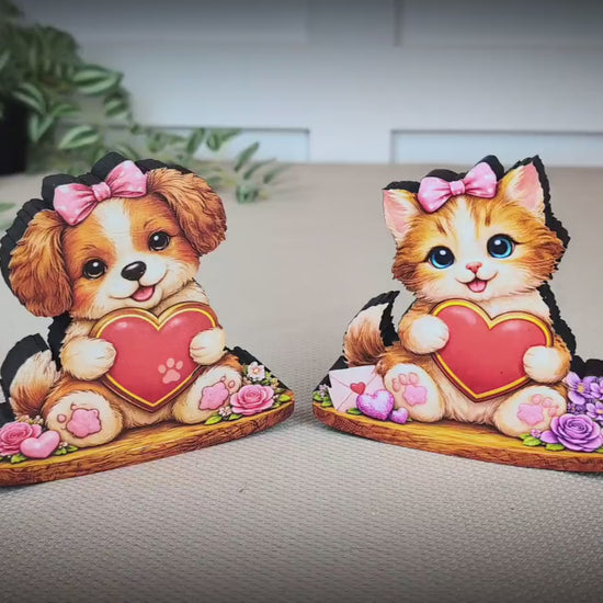 Valentine Puppy or Kitty Shelf Sitter – Personalized Heart, Wooden Mantel & Tiered Tray Decor