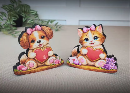 Valentine Puppy or Kitty Shelf Sitter – Personalized Heart, Wooden Mantel & Tiered Tray Decor