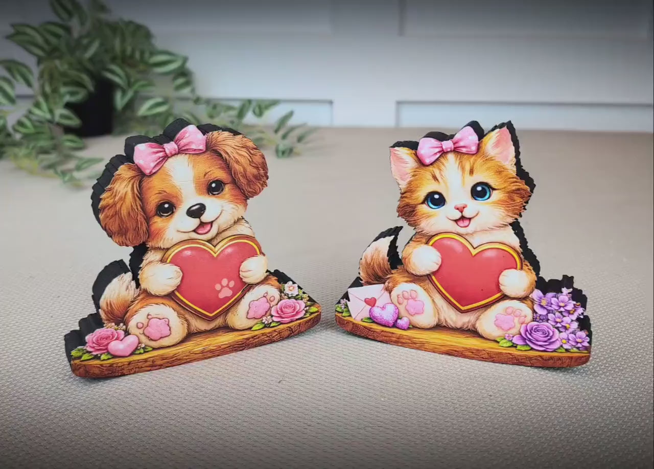 Valentine Puppy or Kitty Shelf Sitter – Personalized Heart, Wooden Mantel & Tiered Tray Decor