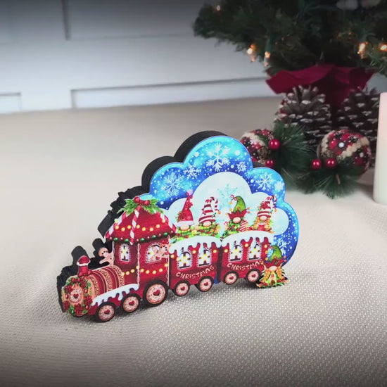Christmas Train Shelf Sitter – Gnomes & Gingerbread, Personalized Wooden Mantel Decor
