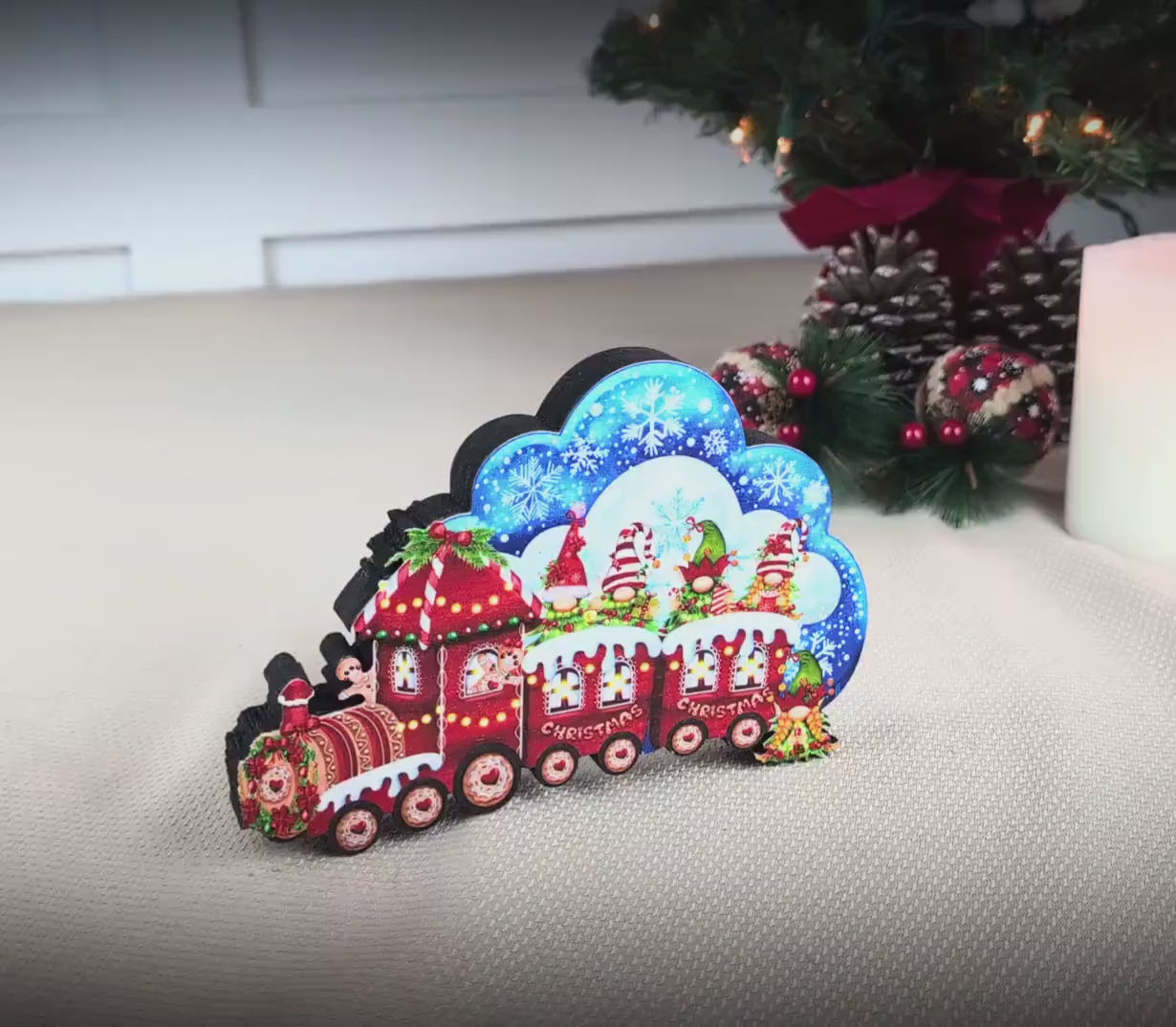 Christmas Train Shelf Sitter – Gnomes & Gingerbread, Personalized Wooden Mantel Decor
