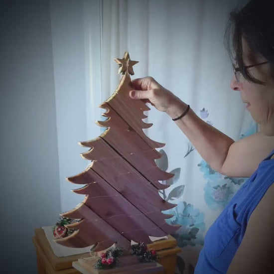 Rustic Natural Wood Christmas Tree With Fairy Lights, Farmhouse Personalized Tabletop Decor, Fireplace Mantel Decoration