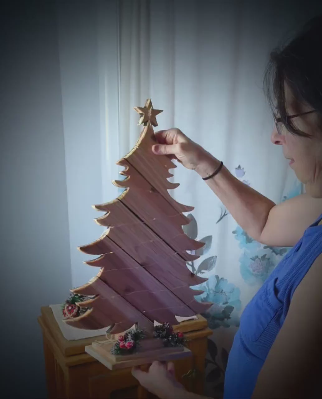 Rustic Natural Wood Christmas Tree With Fairy Lights, Farmhouse Personalized Tabletop Decor, Fireplace Mantel Decoration