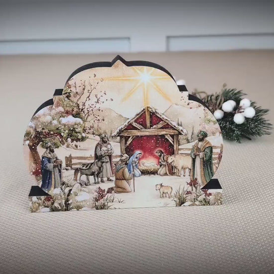 Nativity Scene Shelf Sitter – Personalized Wooden Manger Painting, Christmas Mantel Decor