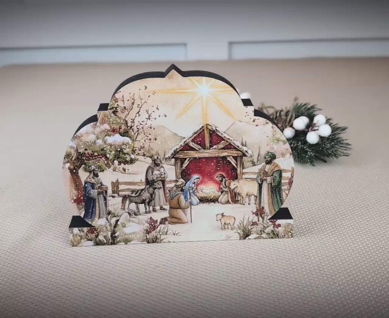 Nativity Scene Shelf Sitter – Personalized Wooden Manger Painting, Christmas Mantel Decor
