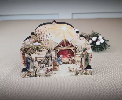 Nativity Scene Shelf Sitter – Personalized Wooden Manger Painting, Christmas Mantel Decor