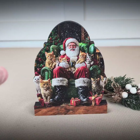 Cat-Loving Santa Shelf Sitter – Personalized Wooden Christmas Decor, 3 Designs – Wooden Mantel Decorations