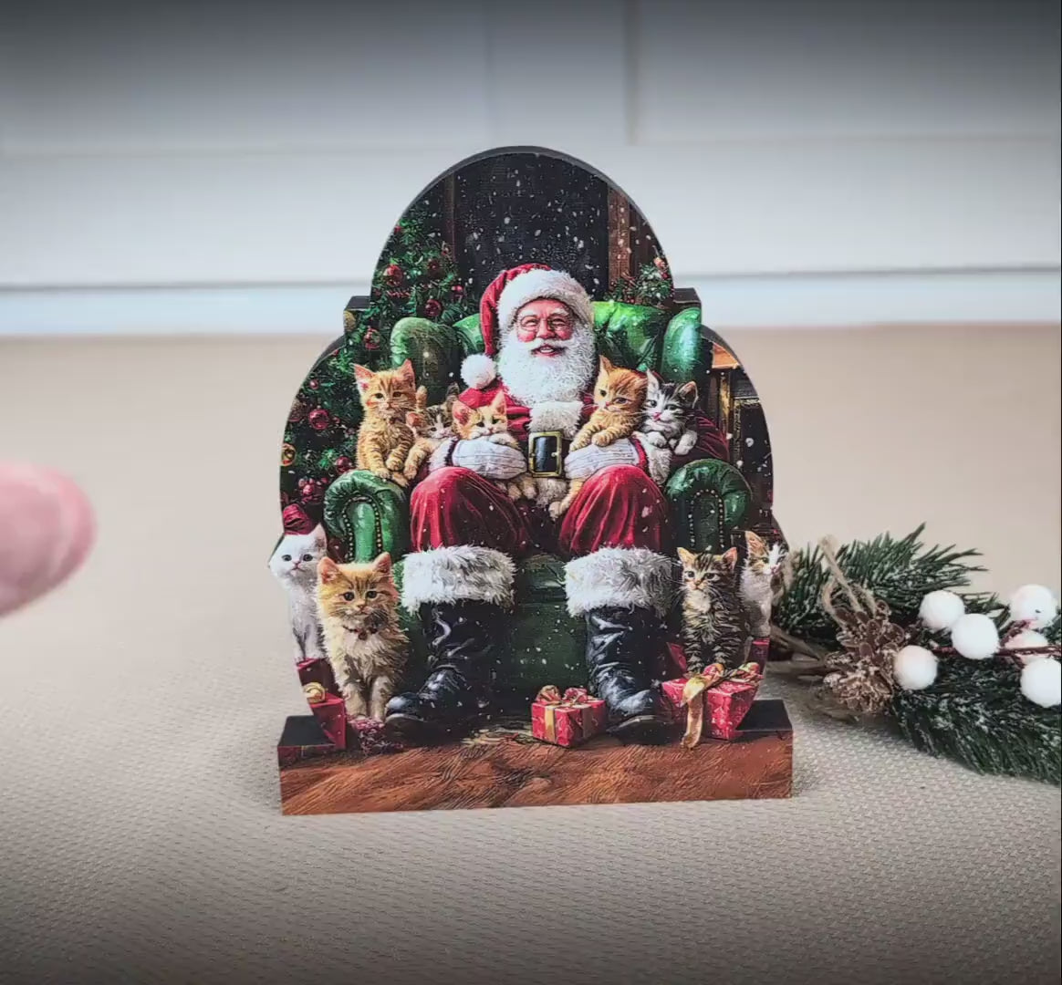 Cat-Loving Santa Shelf Sitter – Personalized Wooden Christmas Decor, 3 Designs – Wooden Mantel Decorations