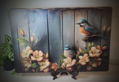Rustic Summer Blue Birds with Flowers Brighten up your Kitchen Decor, an Environmentally Friendly Bamboo Cutting Board Decorated with UV Ink