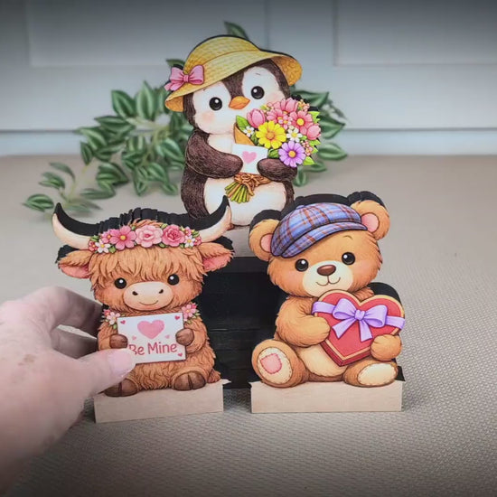 Valentine Teddy Bear, Penguin and Hyland Cow Shelf Sitters Set of 3 – Personalized Heart, Wooden Mantel & Tiered Tray Decor