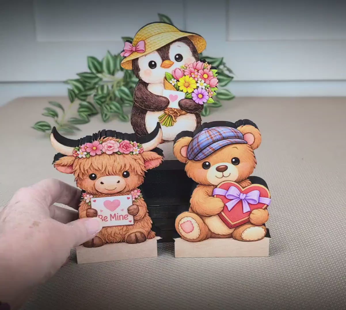 Valentine Teddy Bear, Penguin and Hyland Cow Shelf Sitters Set of 3 – Personalized Heart, Wooden Mantel & Tiered Tray Decor