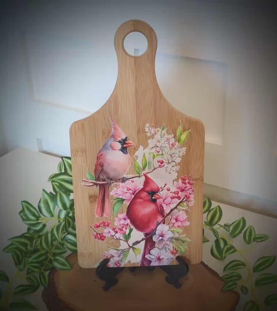 Full Color Spring Cardinal Kitchen Decor, Personalized Bamboo Wood  Cardinal Paddle Cutting Board is a great Environmentally Friendly Gift