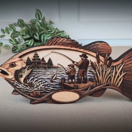 Father Son Fishing Keepsake Shelf Sitter, Wooden Fish Decor with Personalization, Fishing Memory Gift, Father's Day Keepsake, Cabin Decor