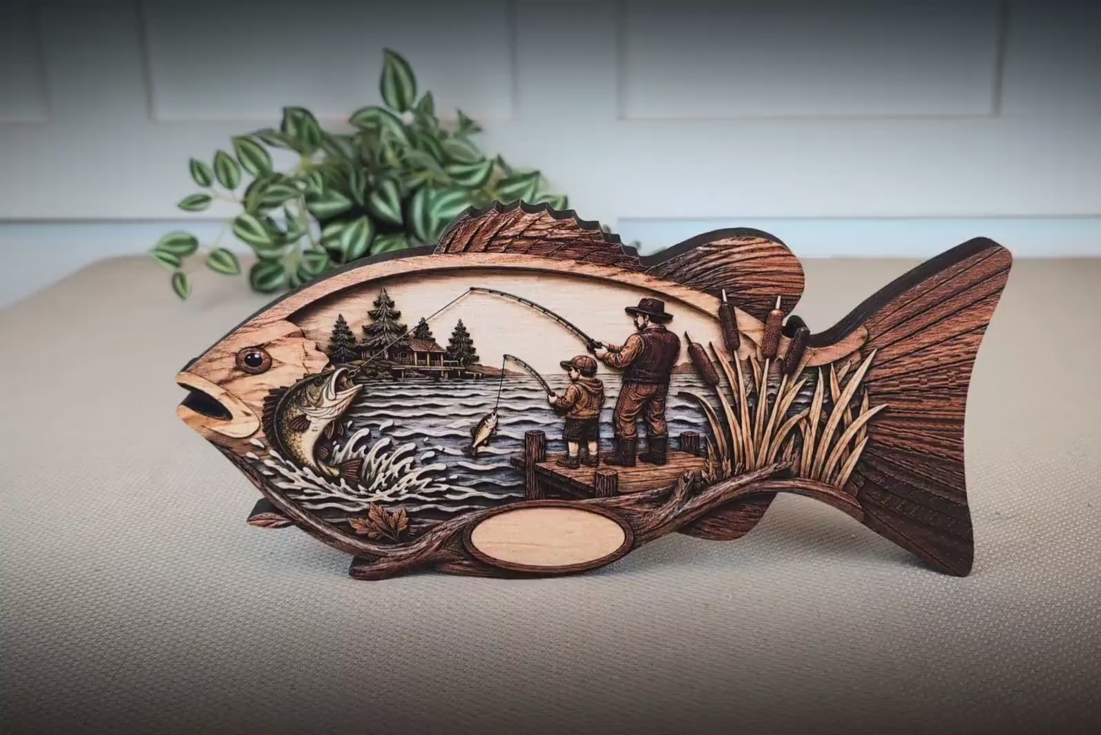 Father Son Fishing Keepsake Shelf Sitter, Wooden Fish Decor with Personalization, Fishing Memory Gift, Father's Day Keepsake, Cabin Decor