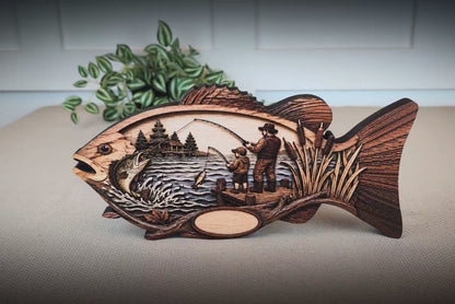 Father Son Fishing Keepsake Shelf Sitter, Wooden Fish Decor with Personalization, Fishing Memory Gift, Father's Day Keepsake, Cabin Decor